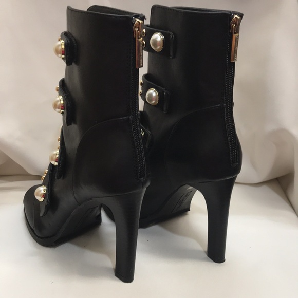 Karl Lagerfeld Brittie Embellished Pearls Women's 8M Peep Toe Black Booties - Picture 4 of 16